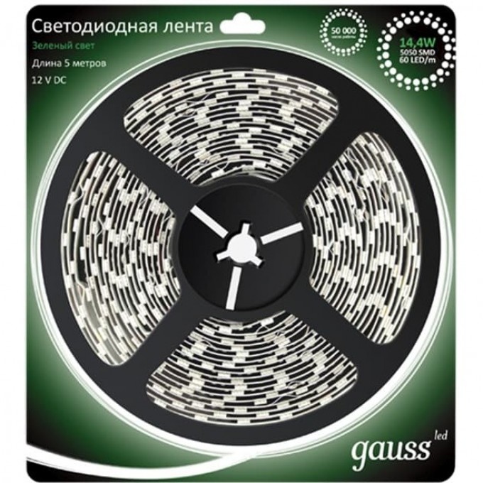 Лента GAUSS LED 2835/60-SMD 4.8W 12V DC зеленый (блистер 5 м) 312000605 Лента GAUSS LED 2835/60-SMD 4.8W 12V DC зеленый (блистер 5 м) 312000605