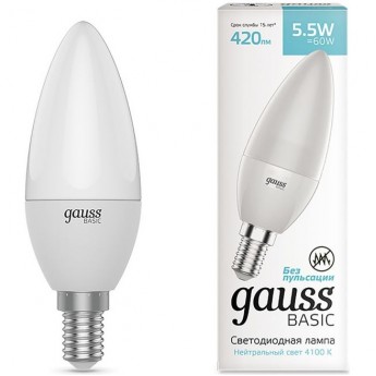 Светодиодная лампа GAUSS BASIC Свеча 5,5W 420LM 4100K E14 LED 1/10/100 Светодиодная лампа GAUSS BASIC Свеча 5,5W 420LM 4100K E14 LED 1/10/100